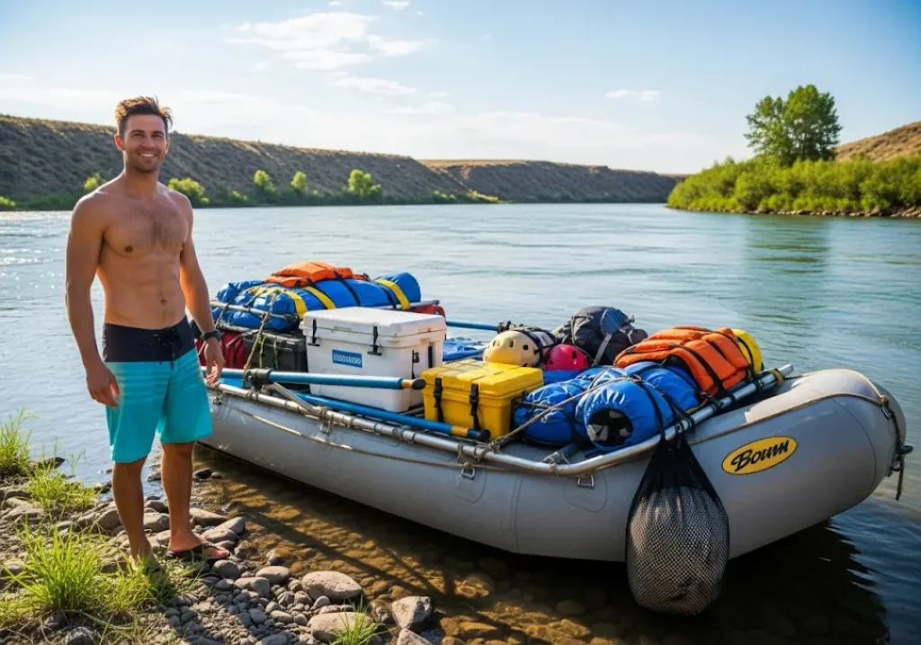 A rafter stands proudly next to his expertly rigged boat, where all gear is suspended off the floor.