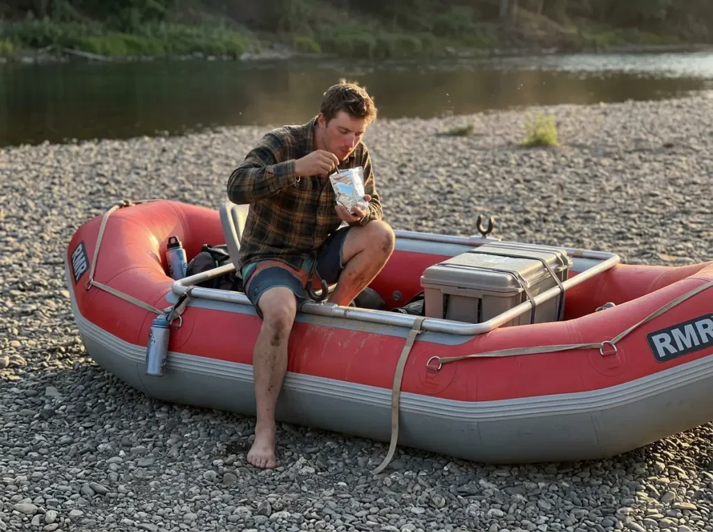 Simple single-rail RMR raft frame on a budget setup at a gravel bar at dusk