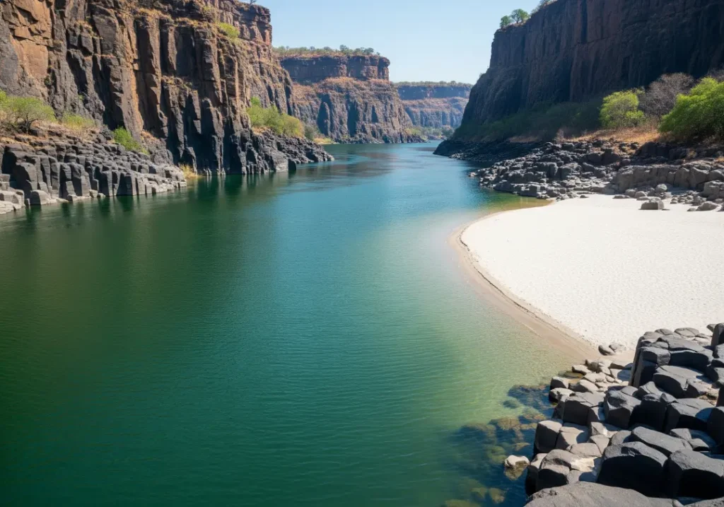 A beautiful, wide-angle shot of the pristine Zambezi River flowing calmly through the majestic Batoka Gorge, showcasing its natural, undeveloped state.