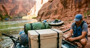 Best Cooler for Rafting That Survives a Flip Canyon Coolers Prospector rigged on a raft frame at a desert river put-in for a rafting trip