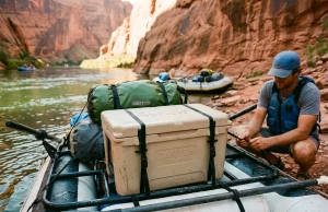 Best Cooler for Rafting That Survives a Flip Canyon Coolers Prospector rigged on a raft frame at a desert river put-in for a rafting trip