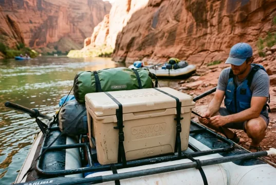 Best Cooler for Rafting That Survives a Flip Canyon Coolers Prospector rigged on a raft frame at a desert river put-in for a rafting trip