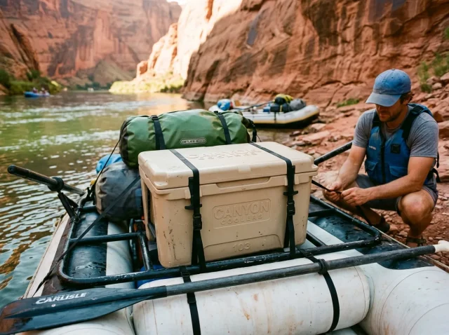best-cooler-for-rafting-frame-rigged Canyon Coolers Prospector rigged on a raft frame at a desert river put-in for a rafting trip