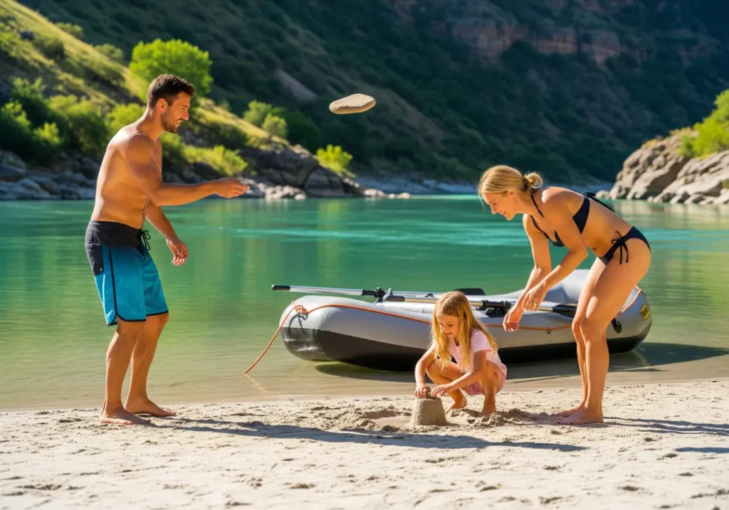 A young family plays on a large sandy beach next to a calm river, with their whitewater raft beached nearby.