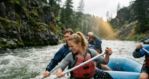 Best Raft Paddle Brand Why $50 Beats the Guide Stick Raft crew paddling with Carlisle T-grip paddles on a gray-green Western river