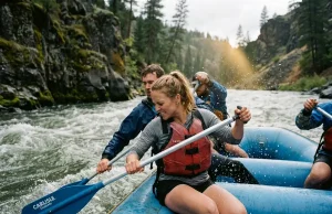 Best Raft Paddle Brand Why $50 Beats the Guide Stick Raft crew paddling with Carlisle T-grip paddles on a gray-green Western river