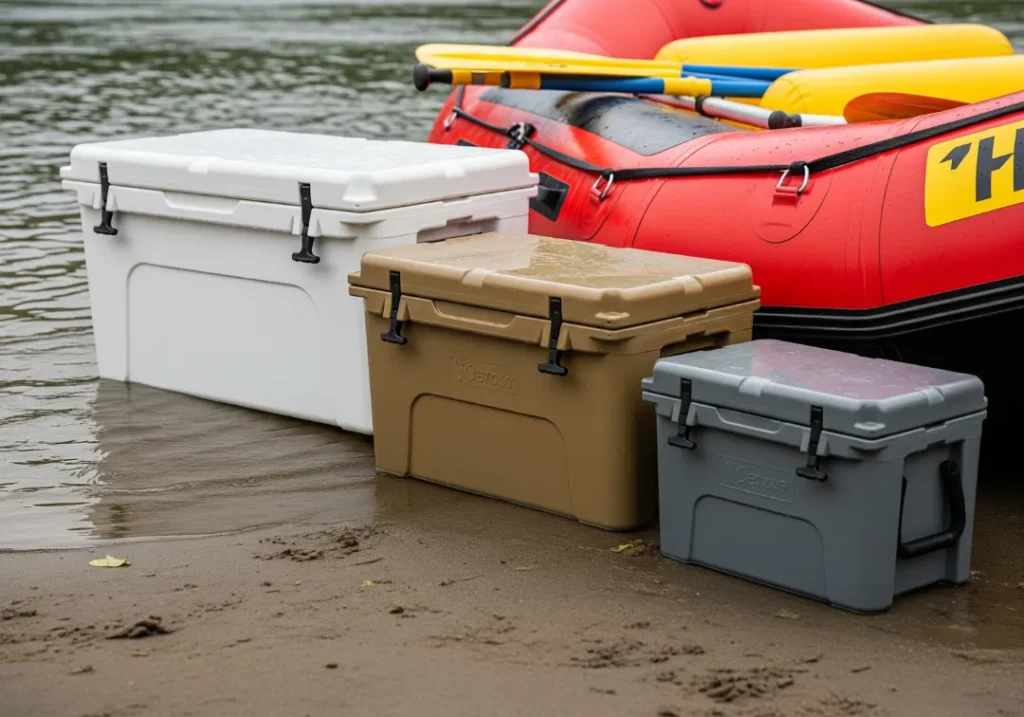 Three different high-performance rafting coolers in white, tan, and grey, lined up on a sandy riverbank next to a raft.