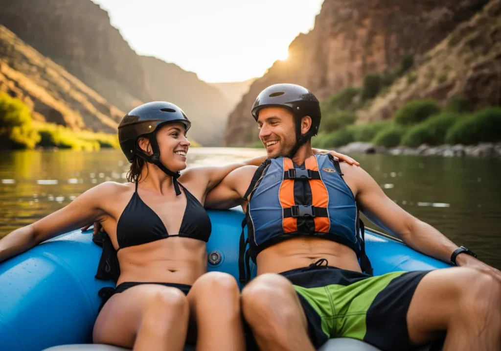 A full-body shot of an attractive couple in helmets and swimwear, smiling while floating on their raft in a sunny river canyon.