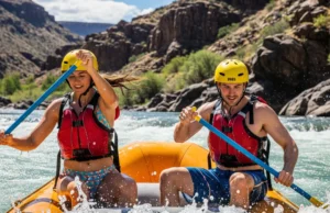 Best Rafting Helmets: A Guide for Every River Class (I-V) A fit young couple in their late 20s, wearing helmets and life jackets, paddling a raft together through sunlit whitewater rapids.