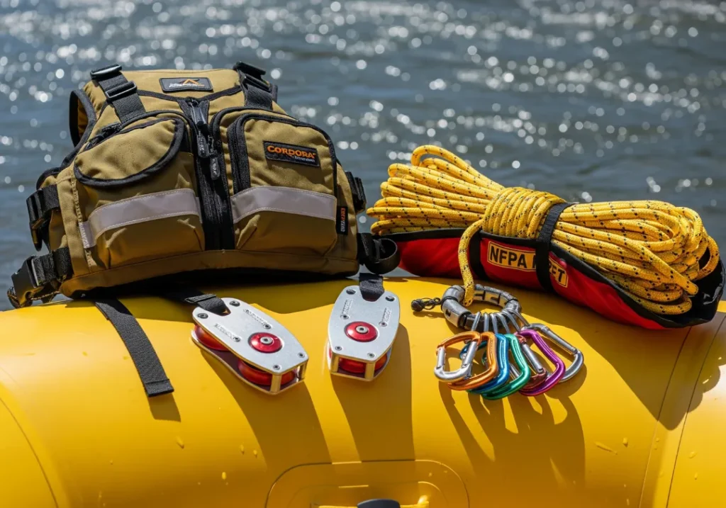 A top-down view of a professional river rescue kit, including a PFD, throw bag, and hardware, arranged on a raft.
