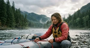 Best Splash Jacket for the River You Actually Run Rafter in a red NRS splash jacket rigging a raft at a cool river put-in