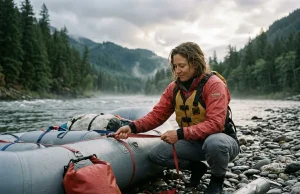 Best Splash Jacket for the River You Actually Run Rafter in a red NRS splash jacket rigging a raft at a cool river put-in
