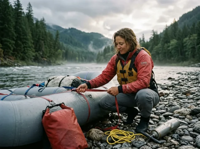 best-splash-jacket-river-put-in Rafter in a red NRS splash jacket rigging a raft at a cool river put-in