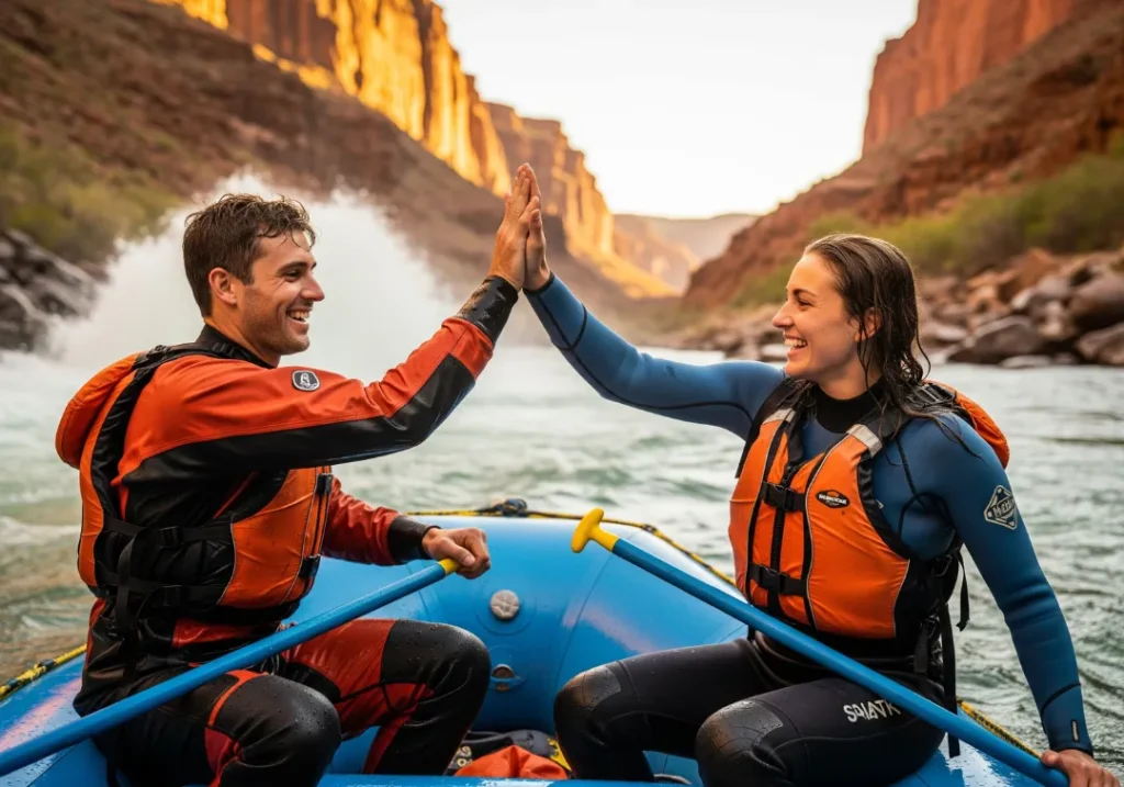 A smiling man and woman celebrate with a paddle high-five on their raft after a rapid, wearing a drysuit and wetsuit respectively.