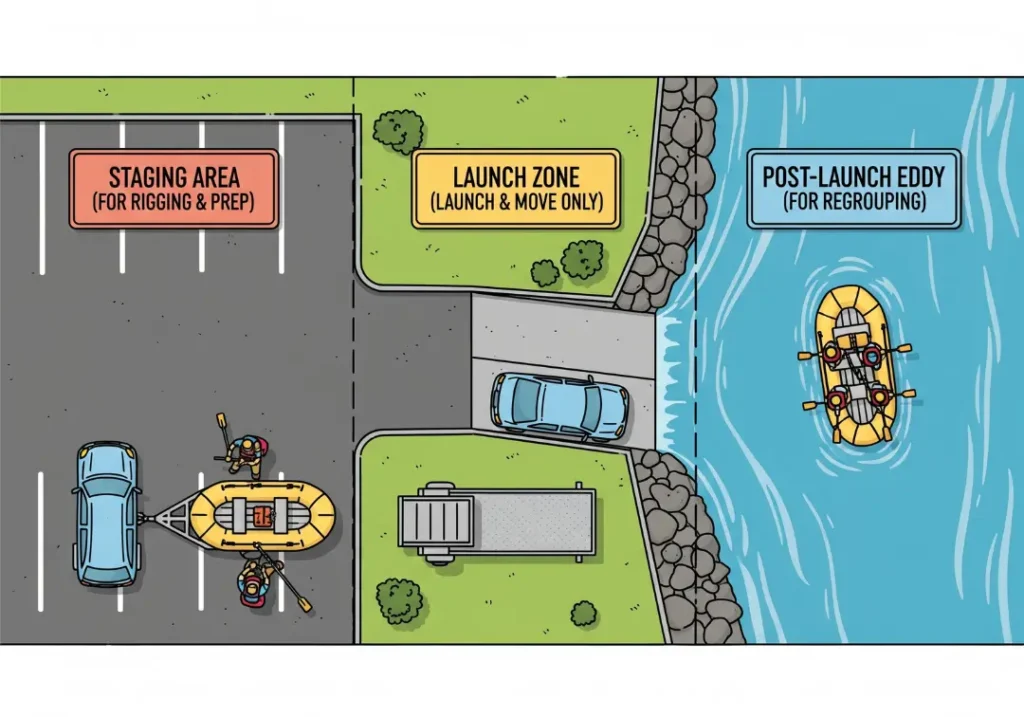 An infographic diagram illustrating the three zones of an efficient boat ramp: the staging area for preparation, the launch zone for moving the boat into the water, and the post-launch eddy for regrouping.