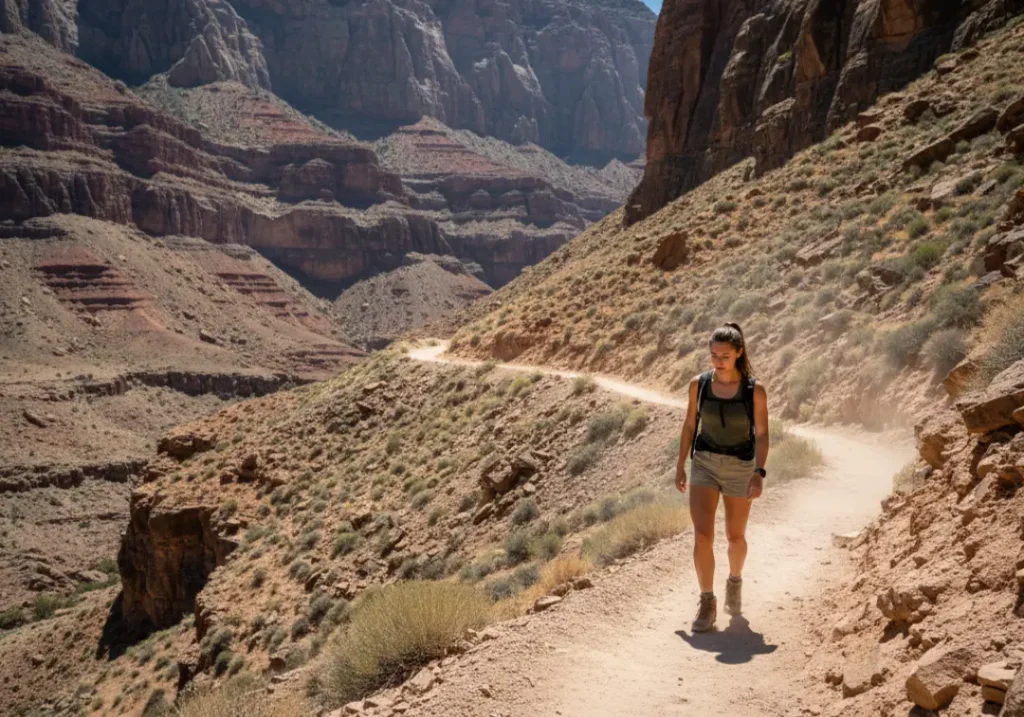 A lone, athletic woman in her late 20s hikes up a demanding switchback on a canyon trail, representing the baseline fitness required for a Grand Canyon trip.