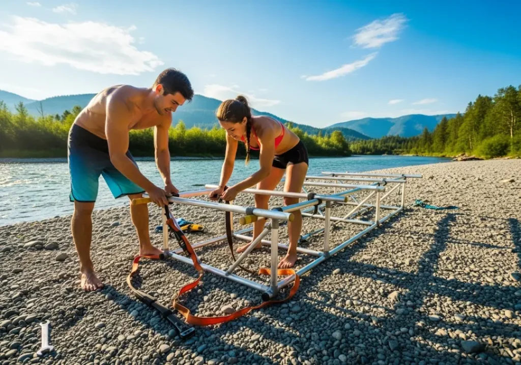 A man and woman work together to attach a metal frame to an inflatable raft using counter-tension straps.
