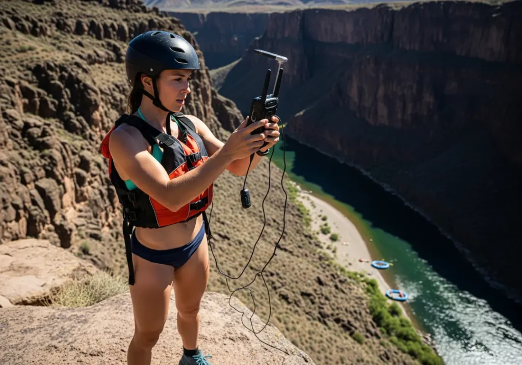 A woman in rafting gear stands on a canyon cliff, using a satellite messenger to call for rescue.