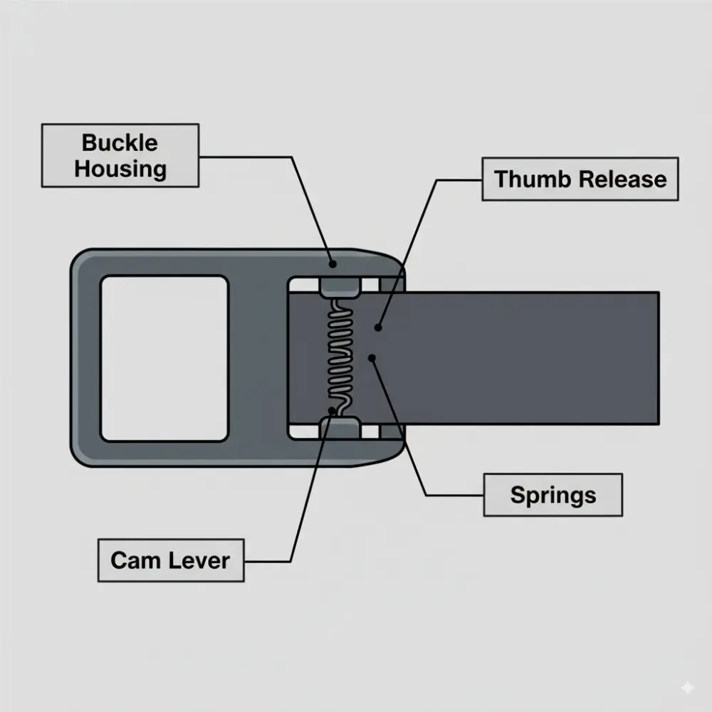 A diagram showing the anatomy of a cam buckle, with labels pointing to the four core components: the Buckle Housing, the toothed Cam Lever, the Springs, and the Thumb Release