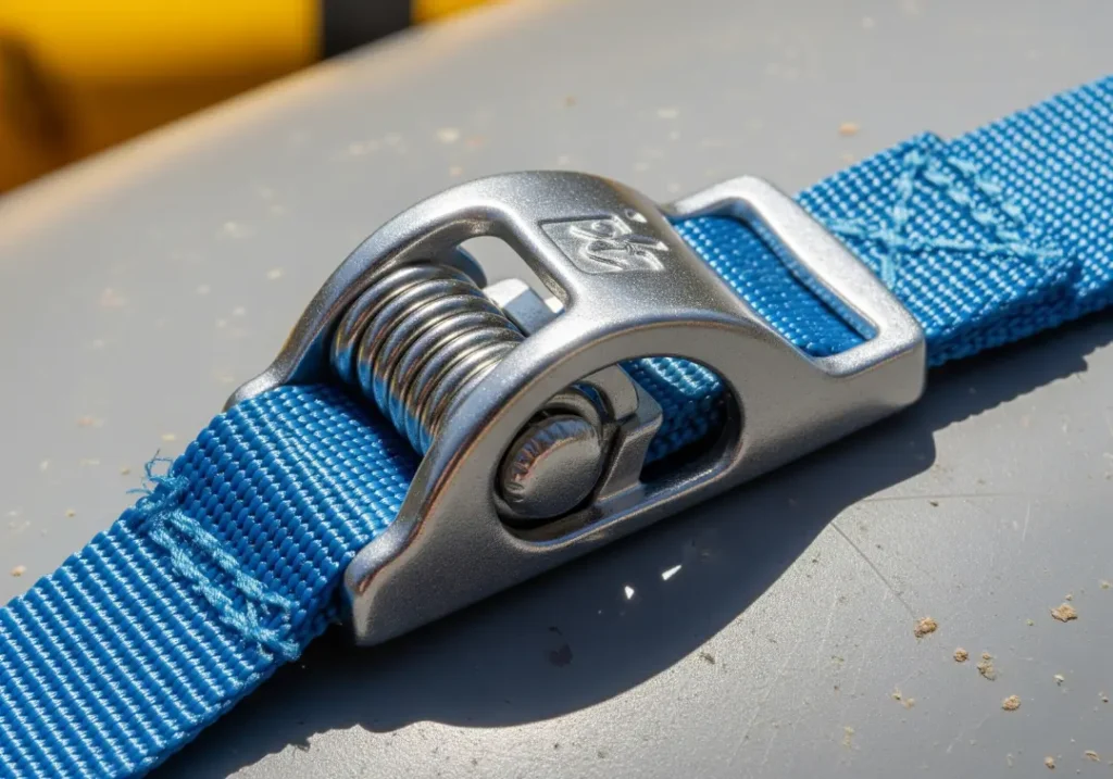 A close-up of a cam strap buckle showing the locking mechanism with teeth engaged on a piece of webbing.