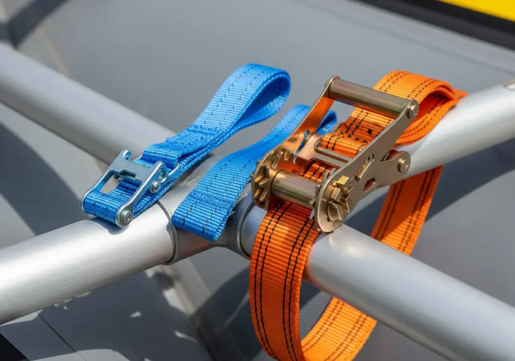 A cam strap and a ratchet strap laid side-by-side on a raft frame for comparison.