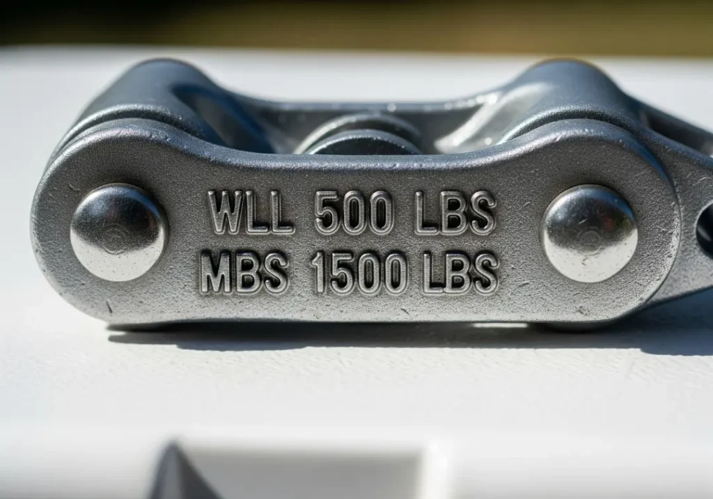 A close-up of a cam strap buckle clearly showing the stamped Working Load Limit (WLL) and Minimum Breaking Strength (MBS) ratings.