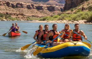 Canoeing vs Rafting: A Rafter’s Definitive Comparison A wide river scene with a large raft full of people in the foreground and a two-person canoe in the background, comparing the two watercrafts.