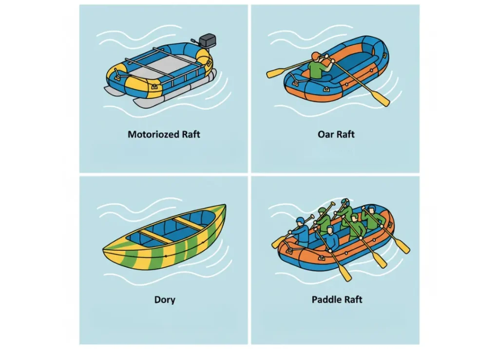 An infographic comparing four types of canyon river rafts: Motorized Raft, Oar Raft, Dory, and Paddle Raft. Each panel shows the raft and includes information on trip duration, passenger capacity, and physicality level.