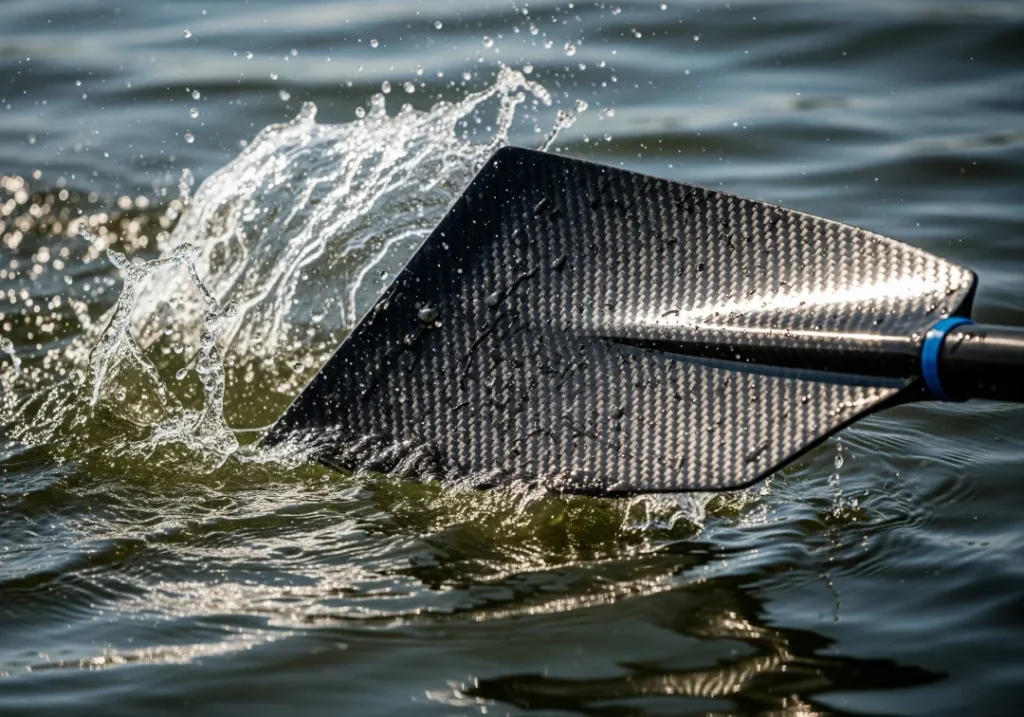 A dynamic close-up of a modern carbon fiber oar blade cutting through the water, showcasing its composite weave pattern.
