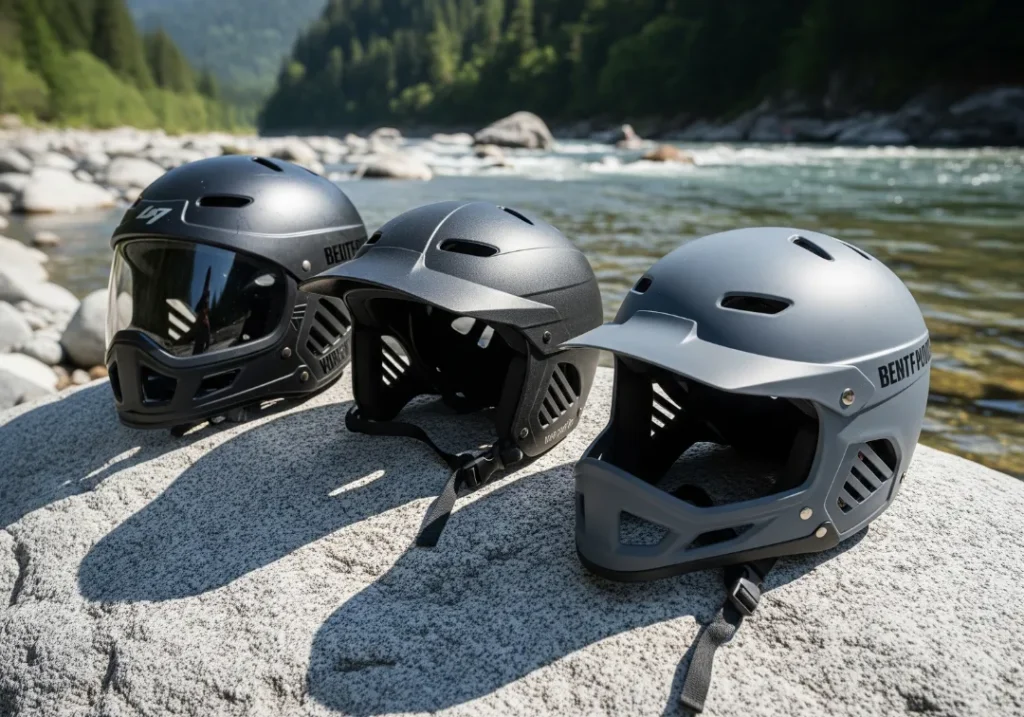 Three different styles of whitewater rafting helmets displayed on a large rock next to a river, illustrating a choice of gear.