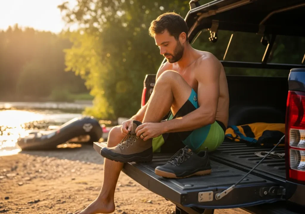 A man in boardshorts sits on a truck tailgate by a river, carefully examining and putting on a pair of high-performance water shoes.