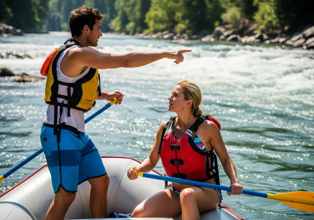 A male rafting guide and his female partner plan their route down a challenging rapid from the calm water of an eddy.