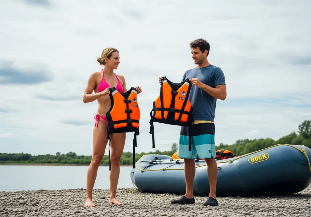 A full-body shot of a couple in swimwear on a riverbank, comparing two different types of rescue life jackets.