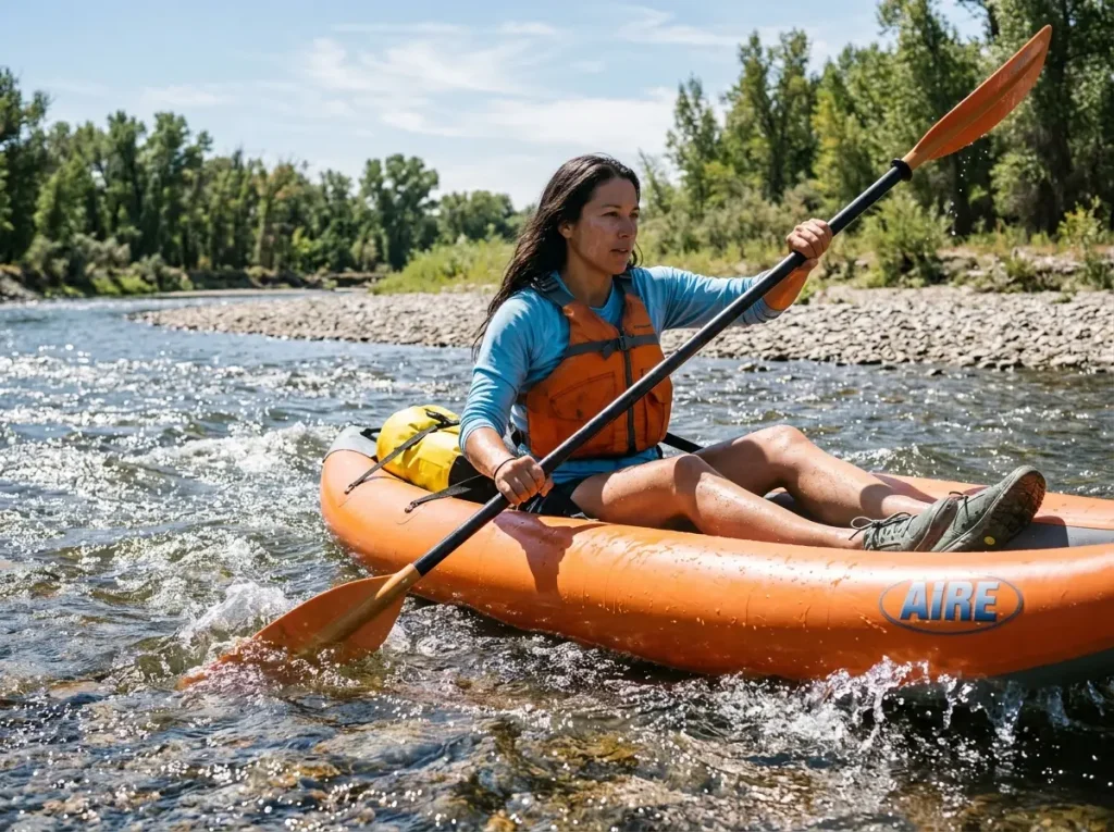 Rafter in basic PFD and closed-toe water shoes paddling calm Class II river in summer sunshine