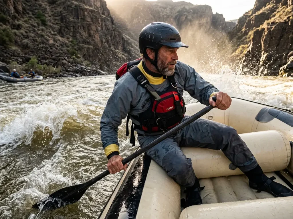 Experienced rafter in full drysuit and rescue PFD entering a technical Class IV rapid on a canyon river