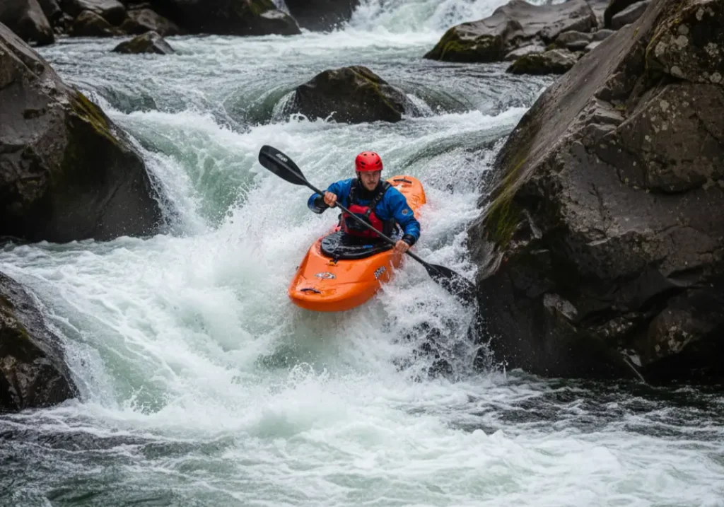 A full-body shot of an expert kayaker in his late 20s skillfully catching a small, violent micro-eddy in a powerful Class V rapid.
