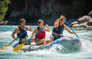 Cold Water Immersion: River Safety Protocols for Rafters A group of three young adult rafters in a whitewater raft navigate a sunny river rapid with determination.