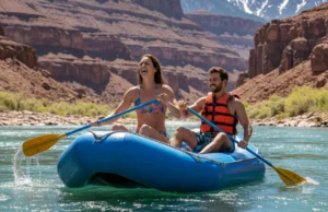 Cold Water Rafting: The Temperature-Specific Layering System An attractive young couple in their late 20s enjoying a sunny day of rafting on a cold, clear river with mountains in the background.