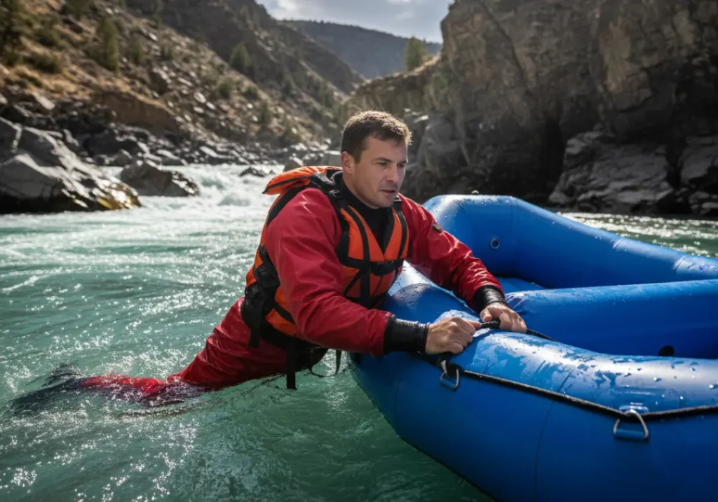 A fit man in a full drysuit and life jacket performing a self-rescue in cold, fast-moving river water next to his raft.