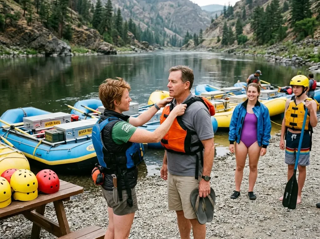 Rafting outfitter staff helping guided trip clients fit PFDs and helmets at a commercial put-in