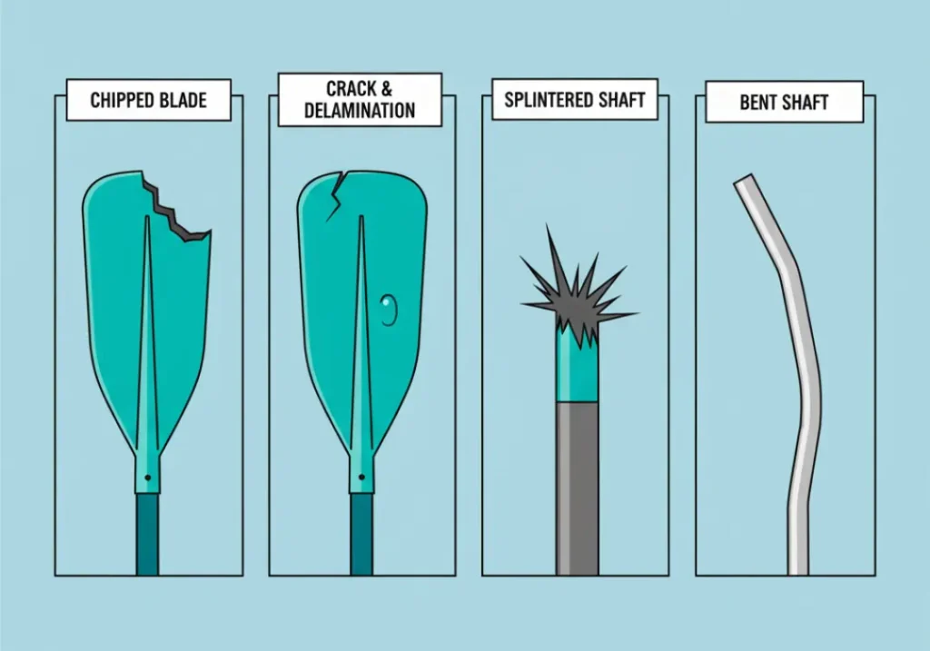 An infographic with four panels illustrating common rafting paddle damage: a chipped blade, a cracked and delaminated blade, a splintered composite shaft, and a bent aluminum shaft.