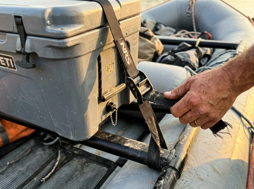 Cooler seated on a raft frame lip and secured with NRS mounts and cam straps at the tie-down slots