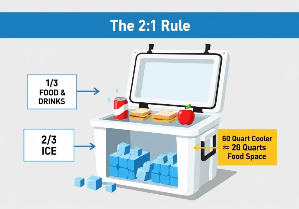 An infographic illustrating the 2-to-1 cooler packing rule for food safety. It shows a cutaway view of a cooler with two-thirds filled with ice and one-third filled with food and drinks, alongside a note explaining that a 60-quart cooler yields about 20 quarts of usable food space.
