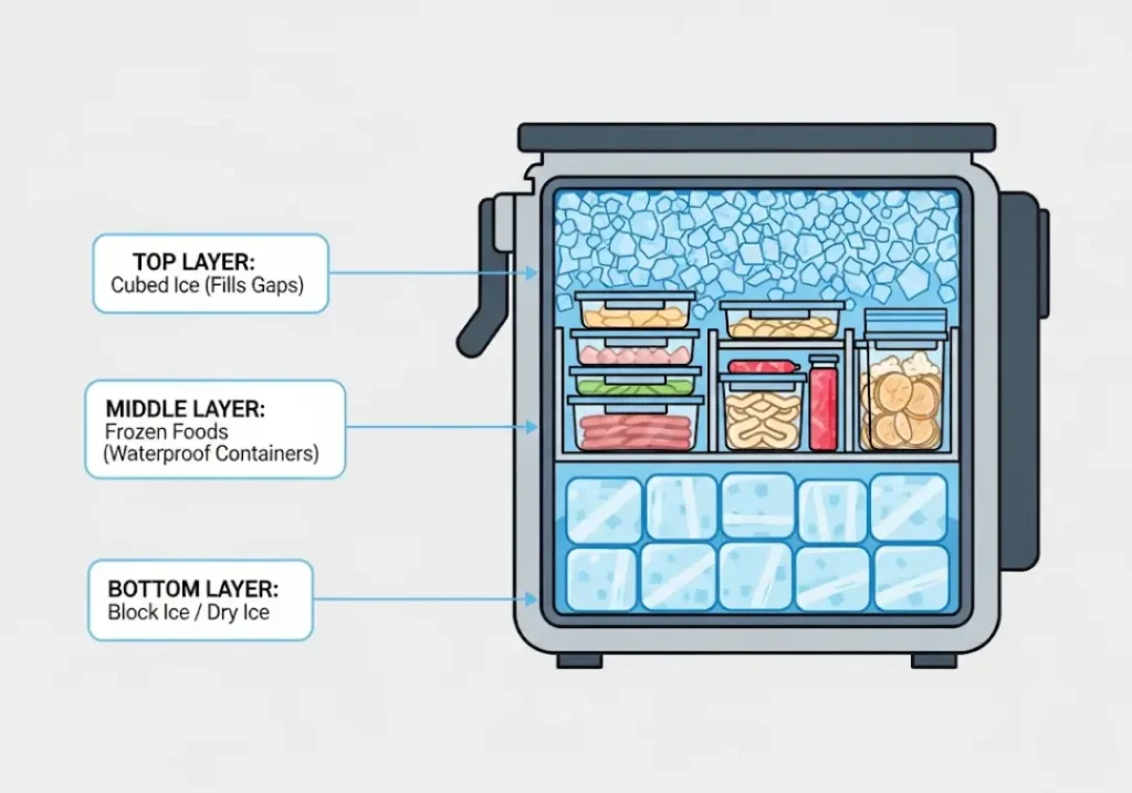 A diagram illustrating the cross-section of a perfectly packed cooler. It shows three layers from bottom to top: a base of block ice, a middle layer of frozen foods in waterproof containers, and a top layer of cubed ice filling all air gaps.