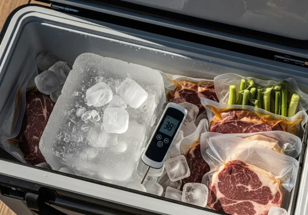 A close-up view inside a cooler showing ice, packed food, and a digital thermometer reading a safe 38 degrees Fahrenheit.
