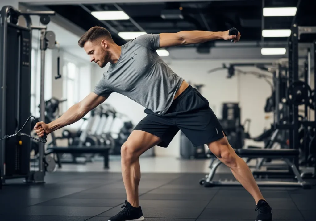 A fit man in his late twenties performs a cable woodchop exercise in a gym to strengthen the core muscles used for paddling.