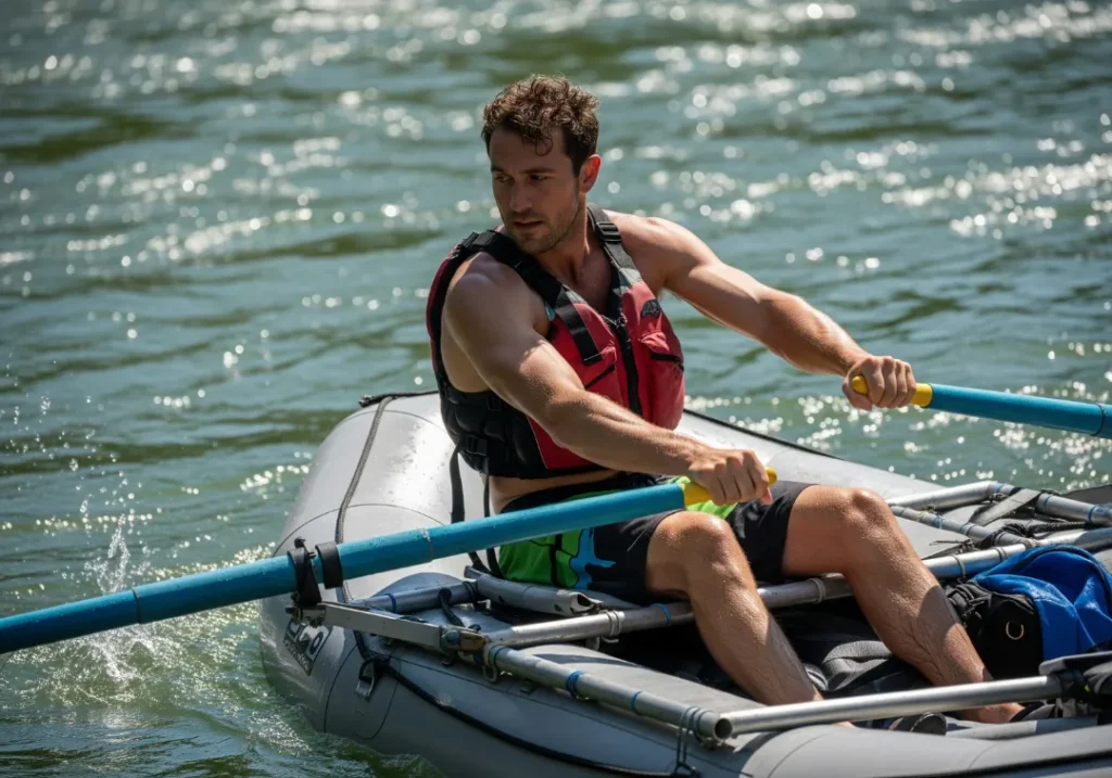 A fit man in his late 20s demonstrates a core ferrying technique by rowing an oar rig across a river current.