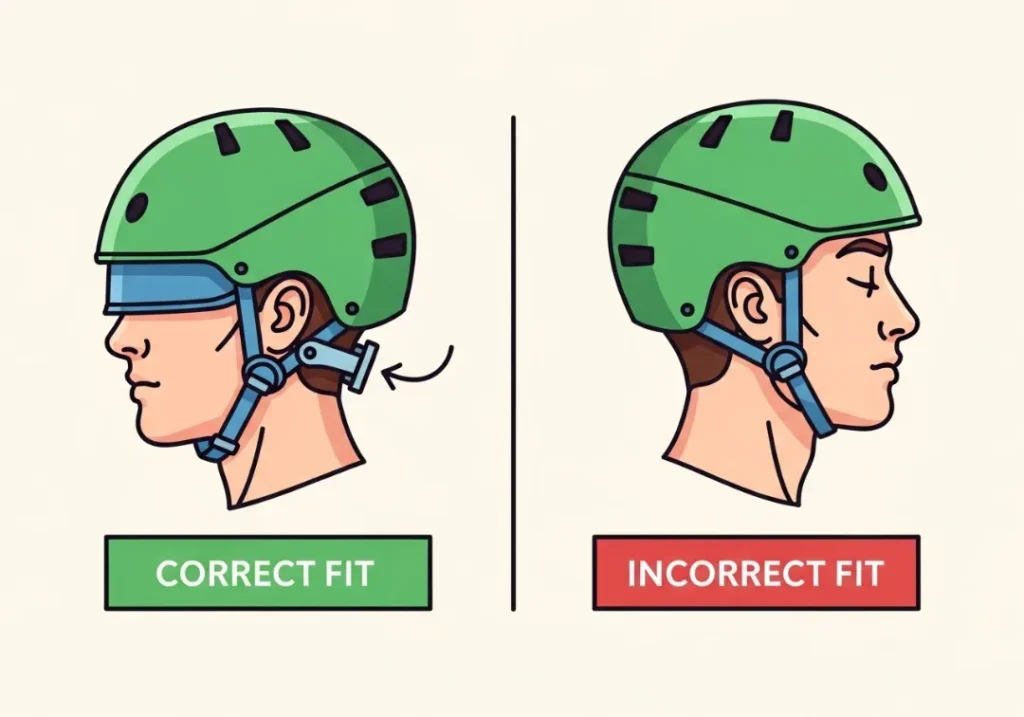 An infographic diagram comparing the correct and incorrect way to wear a whitewater helmet. The 'Correct Fit' side shows the helmet level and covering the forehead, while the 'Incorrect Fit' side shows the helmet tilted back, exposing the forehead.
