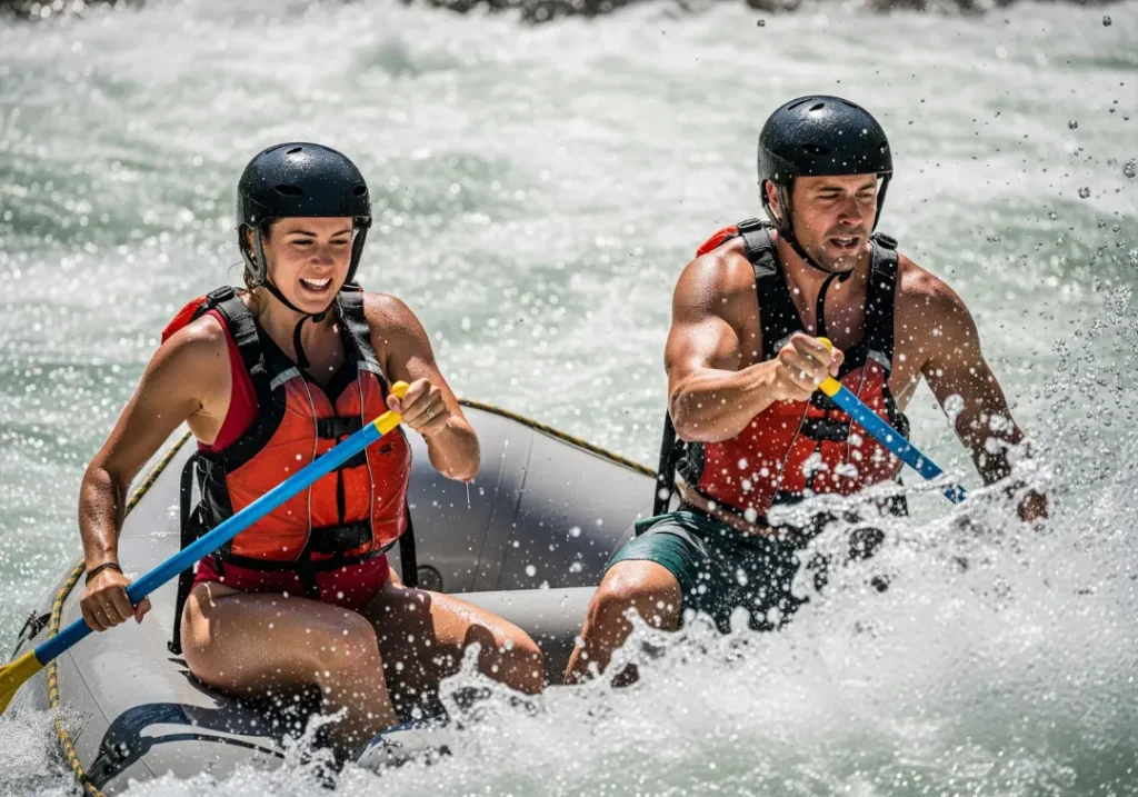 A full-body action shot of a fit couple in their late 20s navigating a whitewater rapid in a raft during the Cotahuasi descent.