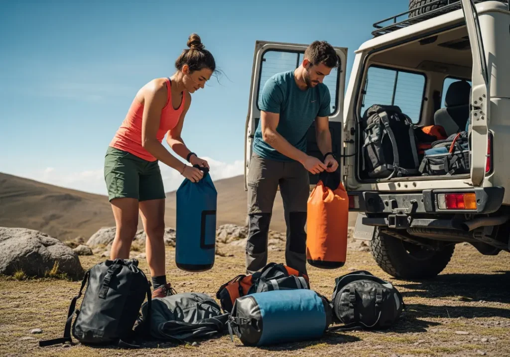 A full-body shot of a man and woman in their late 20s wearing hiking apparel as they prepare rafting gear by a 4x4 in the Andes.